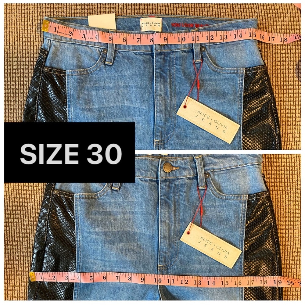 Alice + Olivia Max Vegan Leather Denim Jeans Combo Wide Leg Blue Black Pant - Picture 14 of 17
